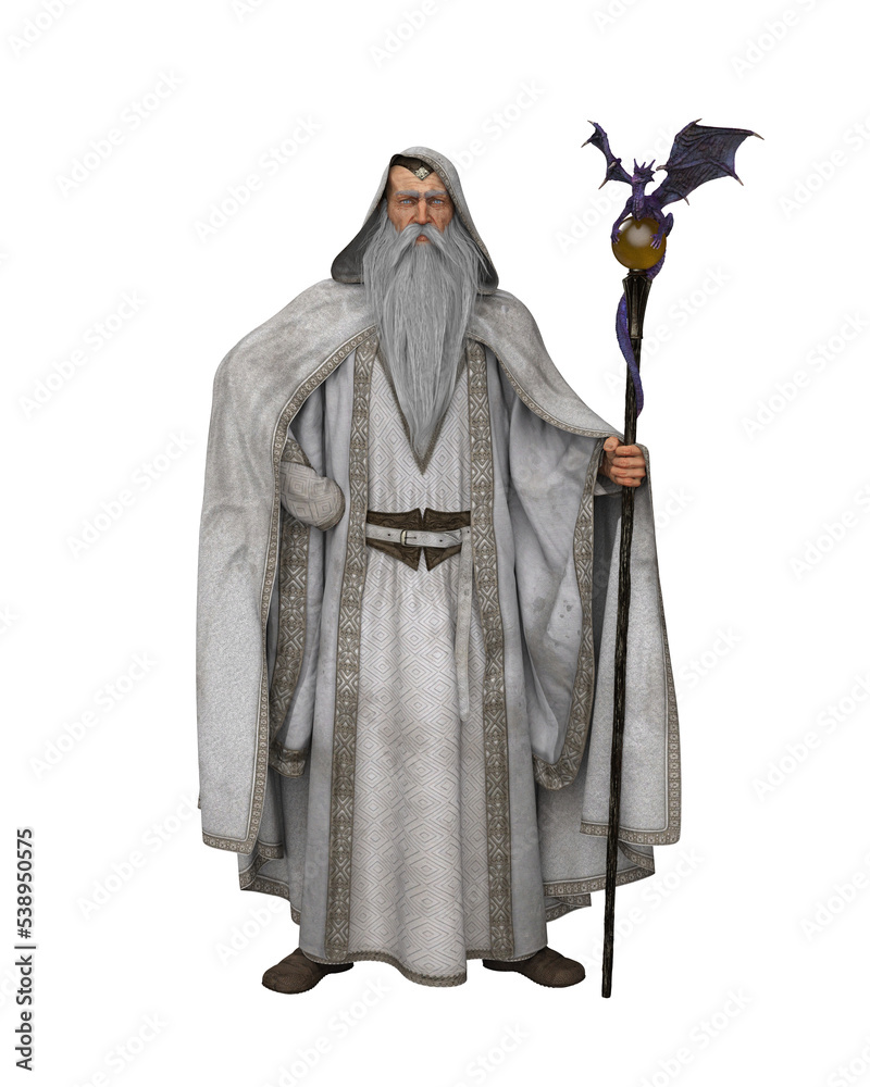 3D illustration of an old bearded white wizard standing with his staff. 3D illustration of an old bearded white wizard standing with his staff.