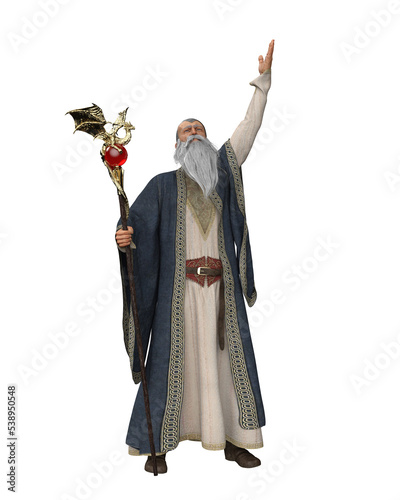 Canvastavla 3D rendering of an old wizard in long robes and hooded cloak isolated on transparent background