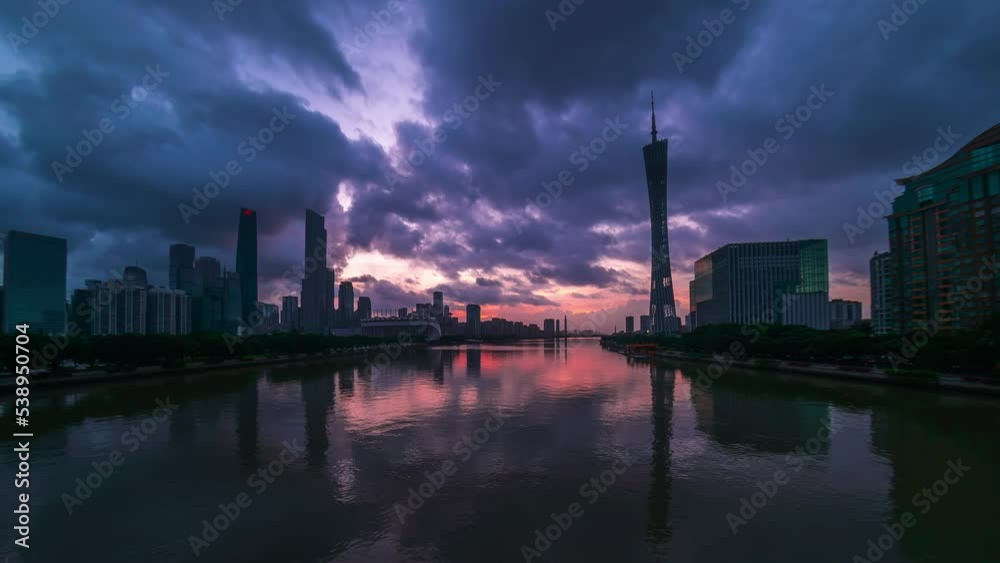 Timelapse of Guangzhou city in China. Canton tower, river and clouds on sunrise Timelapse of Guangzhou city in China. Canton tower, river and clouds on sunrise