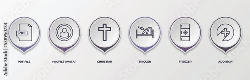 infographic template with outline icons. thin line icons such as pdf file, profile avatar, christian, trigger, freezer, addition editable vector. can be used for web, mobile, info graph.