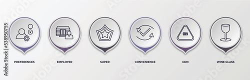 infographic template with outline icons. thin line icons such as preferences, employer, super, convenience, cdn, wine glass editable vector. can be used for web, mobile, info graph.