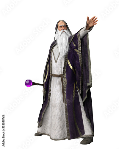Foto 3D illustration of an old bearded wizard in purple costume isolated on transparent background