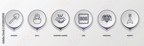infographic template with outline icons. thin line icons such as shovel, doll, shaking hands, sos, original, north editable vector. can be used for web, mobile, info graph.