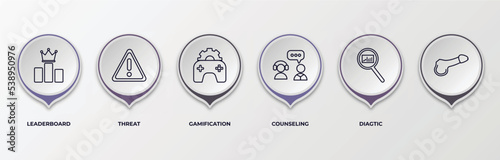 infographic template with outline icons. thin line icons such as leaderboard, threat, gamification, counseling, diagtic, editable vector. can be used for web, mobile, info graph.