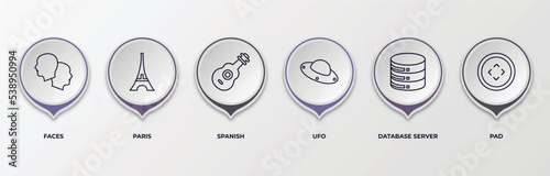 infographic template with outline icons. thin line icons such as faces, paris, spanish, ufo, database server, pad editable vector. can be used for web, mobile, info graph.