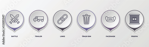 infographic template with outline icons. thin line icons such as battle, trailer, links, trash bin, facemask, prison editable vector. can be used for web, mobile, info graph.
