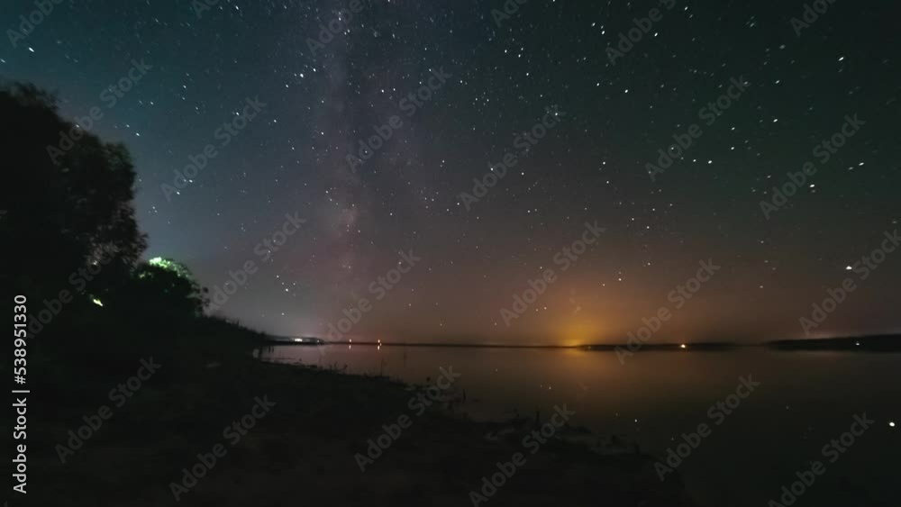 Night sky timelapse with flat calm lake. Milky way is visible in starry sky. Space, galaxy, Earth rotating concept