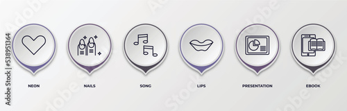 infographic template with outline icons. thin line icons such as neon, nails, song, lips, presentation, ebook editable vector. can be used for web, mobile, info graph.