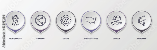 infographic template with outline icons. thin line icons such as high quality, sharing, grade, united states, object, roadmap editable vector. can be used for web, mobile, info graph.
