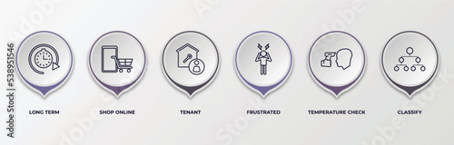 infographic template with outline icons. thin line icons such as long term, shop online, tenant, frustrated, temperature check, classify editable vector. can be used for web, mobile, info graph.