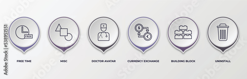 infographic template with outline icons. thin line icons such as free time, misc, doctor avatar, currency exchange, building block, uninstall editable vector. can be used for web, mobile, info