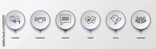infographic template with outline icons. thin line icons such as camper, strenght, tooltip, tarot, chick, humans editable vector. can be used for web, mobile, info graph.
