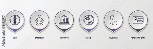 infographic template with outline icons. thin line icons such as usd, cafeteria, institute, long, muscles, personal data editable vector. can be used for web, mobile, info graph.