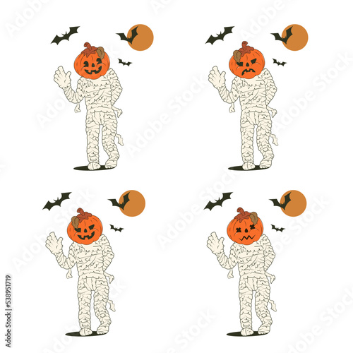 Set of cartoon mummies with pumpkin head. The mummy waves his hand. Bats fly against the backdrop of the full moon. Halloween holiday concept. Stock vector illustration of halloween mummy. 