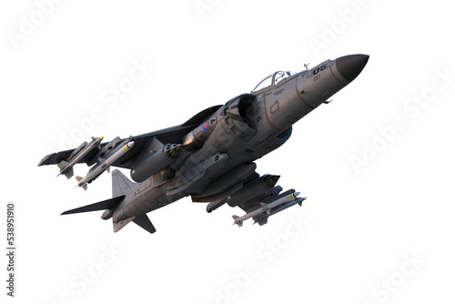 3D illustration of a grey military jet fighter aircraft armed with missiles in flight isolated on a transparent background. photo