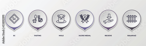 infographic template with outline icons. thin line icons such as sc, fasting, mole, silver medal, recieve, railroad editable vector. can be used for web, mobile, info graph.