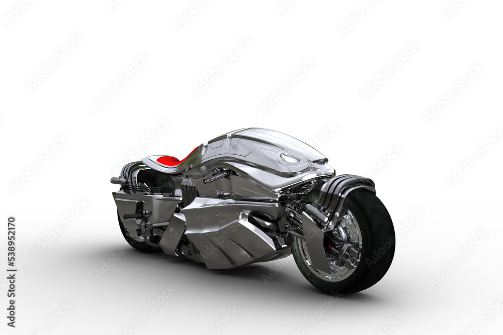 3D illustration of a futuristic cyberpunk style silver motorcycle isolated on a transparent background. 3D illustration of a futuristic cyberpunk style silver motorcycle isolated on a transparent background.
