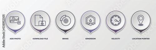 infographic template with outline icons. thin line icons such as add photo, download file, brake, dimension, velocity, location pointer editable vector. can be used for web, mobile, info graph.