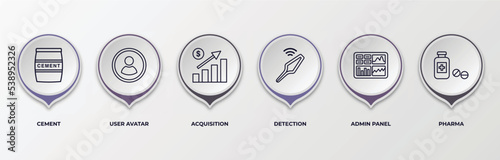 infographic template with outline icons. thin line icons such as cement, user avatar, acquisition, detection, admin panel, pharma editable vector. can be used for web, mobile, info graph.