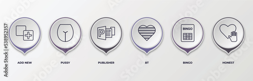 infographic template with outline icons. thin line icons such as add new, pussy, publisher, bt, bingo, honest editable vector. can be used for web, mobile, info graph.