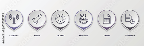 infographic template with outline icons. thin line icons such as coverage, missile, shutter, ingredient, sheets, temporary editable vector. can be used for web, mobile, info graph.