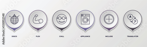 infographic template with outline icons. thin line icons such as disco, flex, chill, appliance, include, translator editable vector. can be used for web, mobile, info graph.