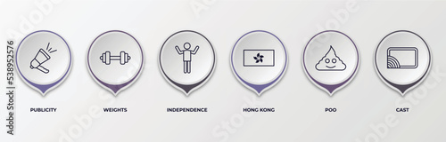 infographic template with outline icons. thin line icons such as publicity, weights, independence, hong kong, poo, cast editable vector. can be used for web, mobile, info graph.