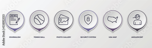 infographic template with outline icons. thin line icons such as journalism, tennis ball, photo gallery, security system, usa map, adolescent editable vector. can be used for web, mobile, info