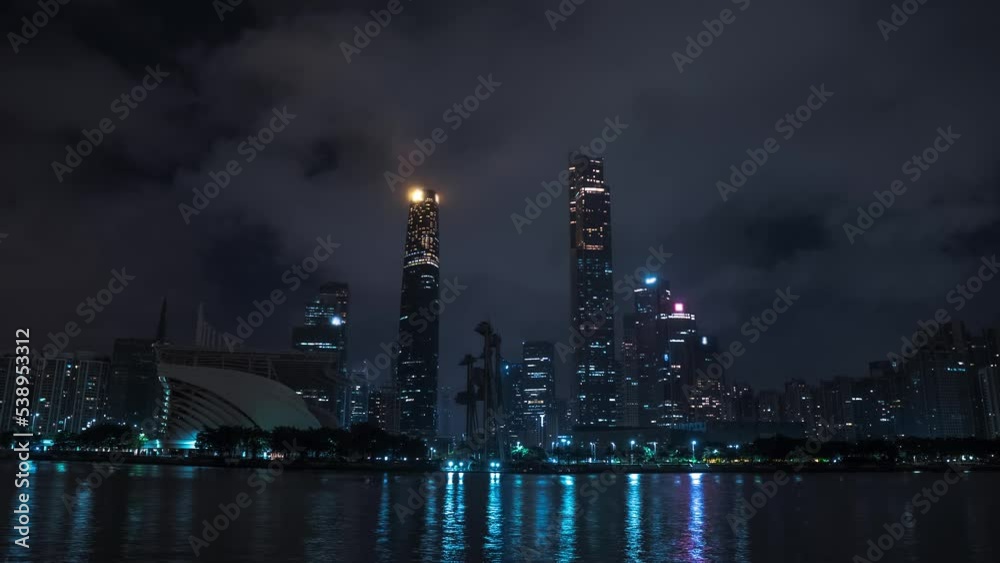 Guangzhou, city in China at night, timelapse. Skyscrapers, office buildings, skyline Guangzhou, city in China at night, timelapse. Skyscrapers, office buildings, skyline