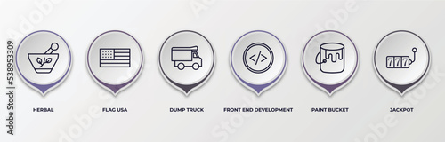 infographic template with outline icons. thin line icons such as herbal, flag usa, dump truck, front end development, paint bucket, jackpot editable vector. can be used for web, mobile, info graph.