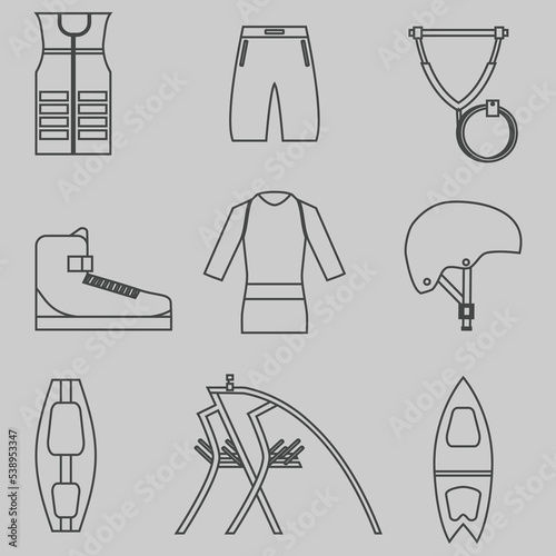 wakeboarding sports icons design with helmet rope and more isolated vector illustration