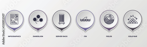 infographic template with outline icons. thin line icons such as infographics, dandelion, server rack, fin, fields, gold bar editable vector. can be used for web, mobile, info graph.