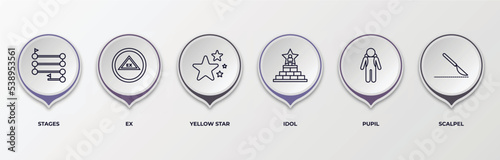 infographic template with outline icons. thin line icons such as stages, ex, yellow star, idol, pupil, scalpel editable vector. can be used for web, mobile, info graph.