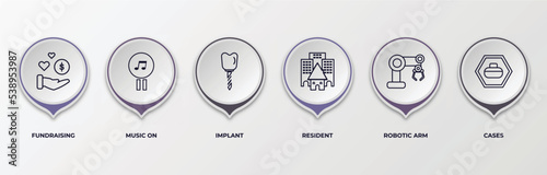 infographic template with outline icons. thin line icons such as fundraising, music on, implant, resident, robotic arm, cases editable vector. can be used for web, mobile, info graph.