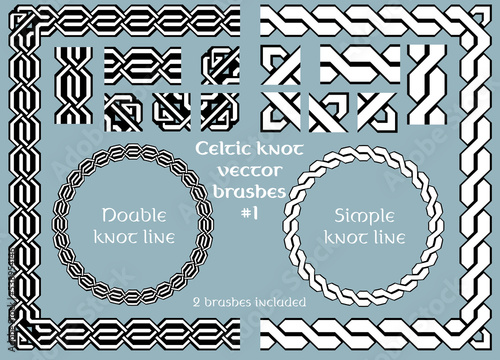 Celtic knot wicker seamless line brush set. Scotland knot border, irish decorative ornament and traditional ancient pattern two vector brushes. Mystic element for greeting card or invitation frame