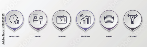 infographic template with outline icons. thin line icons such as workload, pantry, tv show, investing, plates, crossfit editable vector. can be used for web, mobile, info graph.