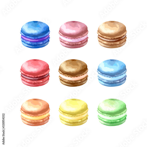 Set of watercolor vector illustration of hand painted colorful macarons