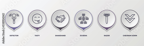 infographic template with outline icons. thin line icons such as detector, tasty, shakehand, schema, razor, chevron down editable vector. can be used for web, mobile, info graph.