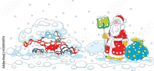 Perplexed Santa Claus with a bag of gifts and a shovel going to clean his car from snow after a heavy snowfall on Christmas Eve, vector cartoon illustration