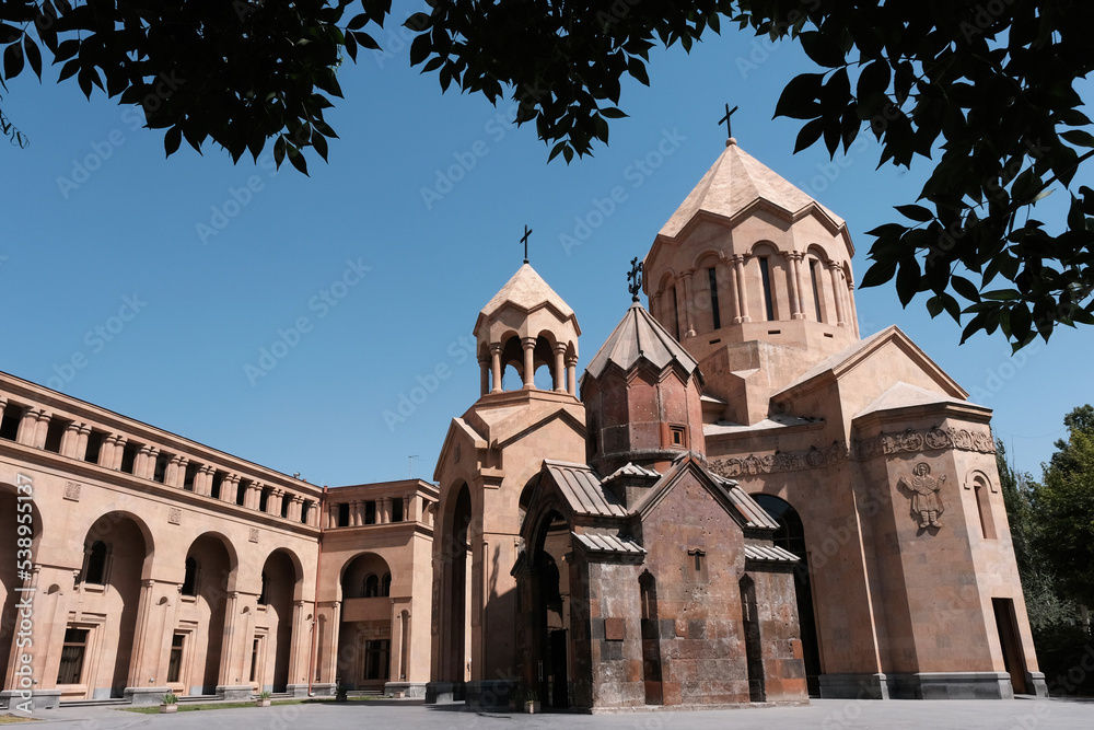 View of Saint Anna (21th century) and Katogike (13th century) churches on sunny summer day. Yerevan, Armenia.
