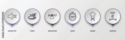 infographic template with outline icons. thin line icons such as sound off, pond, behaviour, soon, baker, jumping editable vector. can be used for web, mobile, info graph.