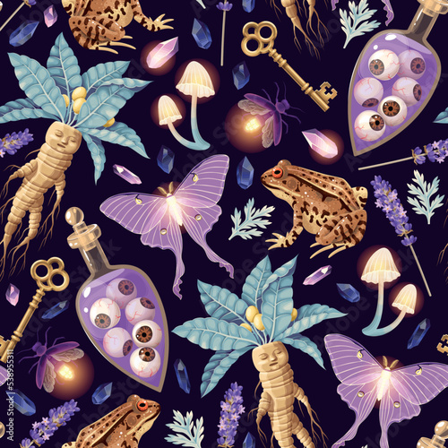 Seamless magic pattern with supply for witchcraft