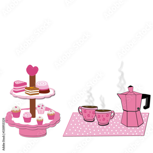 Pasteles, madalenas y cafetera con tazas en rosa.