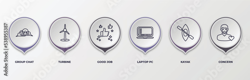 infographic template with outline icons. thin line icons such as group chat, turbine, good job, laptop pc, kayak, concern editable vector. can be used for web, mobile, info graph.