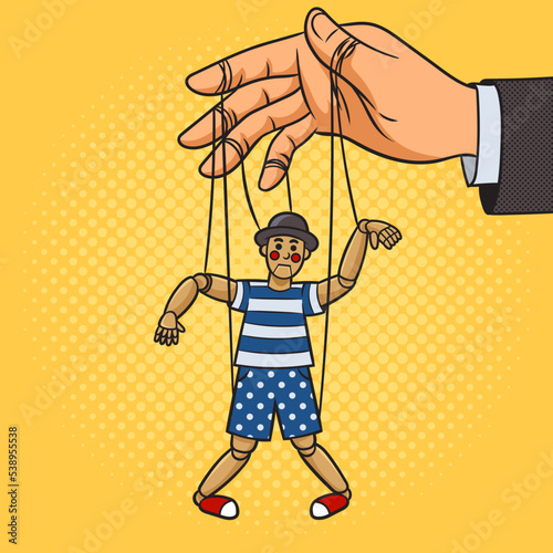 puppet hangs on strings on the hand of the puppeteer pinup pop art retro vector illustration. Comic book style imitation.