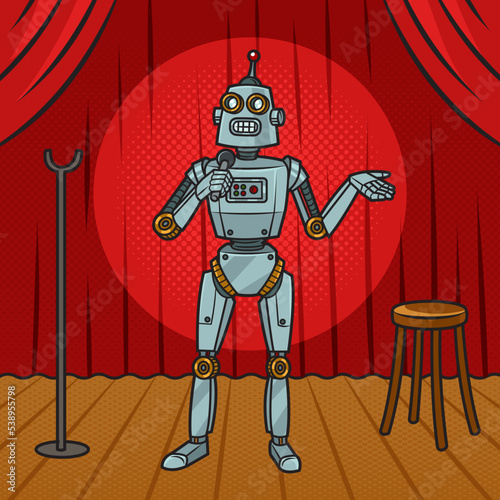 Stand up comedy comedian comic robot pinup pop art retro vector illustration. Comic book style imitation.