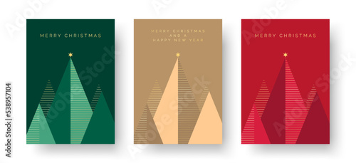 Christmas Card Designs with Geometric Christmas Tree Scene Illustration. Set of Modern Christmas Card Templates Vector with Merry Christmas and Happy New Year Text.