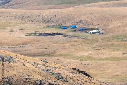 View of summer camp of shepherds (probably Yazidis) on Aragats Mount slope. Aragats, Armenia. photo