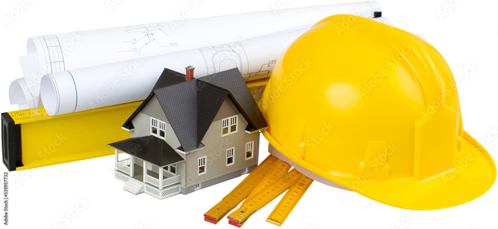 Construction Plans, Level, House Model, folding Ruler And Safety Helmet - Isolated Construction Plans, Level, House Model, folding Ruler And Safety Helmet - Isolated