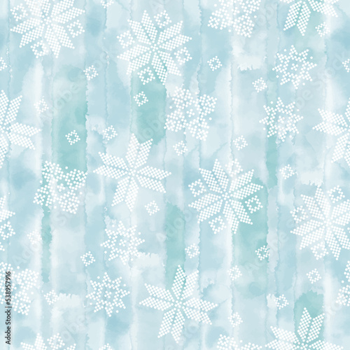 Abstract winter seamless pattern on blue watercolor background. Scandinavian theme. Geometric decor of polka dots.Perfect for design templates, wallpaper, wrapping, fabric and textile. © maritime_m